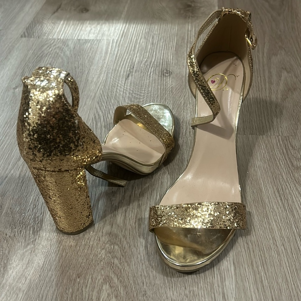 Olivia K Women's Gold Glitter Strappy Chunky Block High Heel